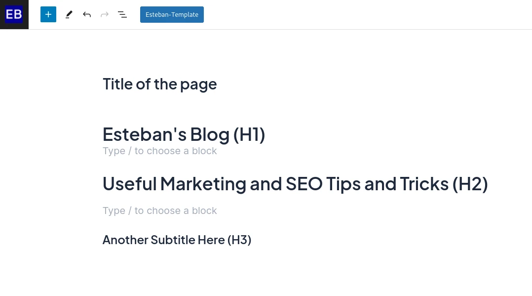 Screenshow showcasing the correct usage of H1, H2 and H3 Heading Tags on a WordPress Blog