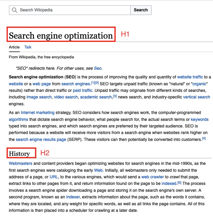 Wikipedia uses H1, H2, and the rest of the HTML Heading Tags